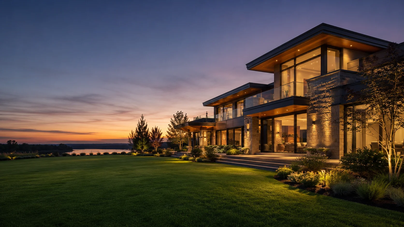 Illuminated contemporary home at dusk